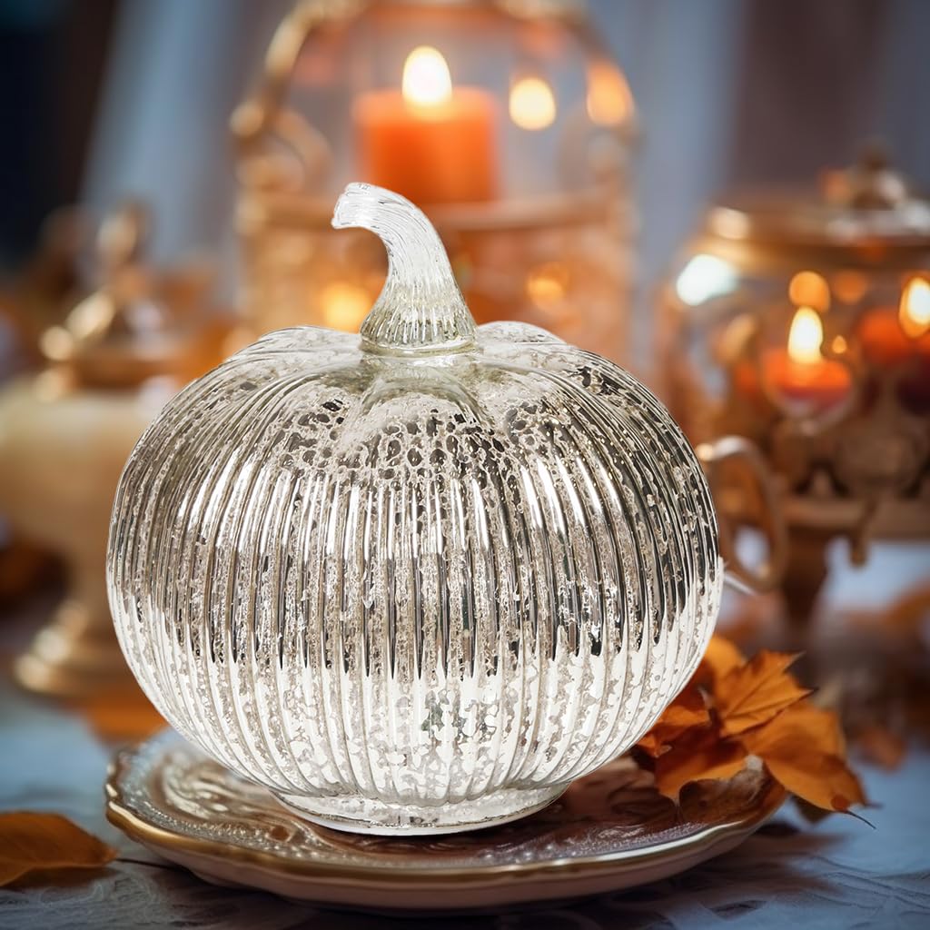 hvfun Mercury Glass Light Up Pumpkin with Timer, Fall Decoration for Home, Silver Halloween Festive Decor Lamp