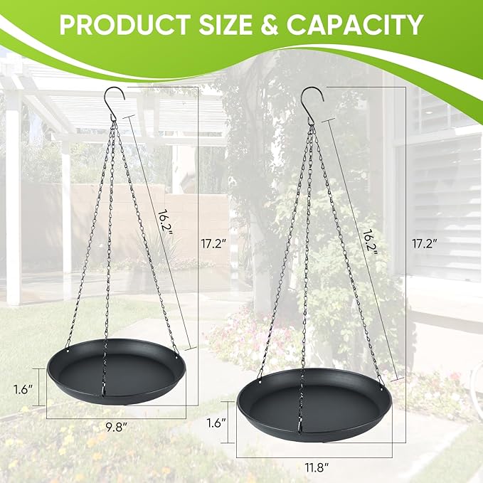 2-Pack Hanging Bird Bath, Outdoor Metal Birdbath with Shallow Feeder Bowl for Wild Birds, Garden, Patio, Deck & Yard, 2 Size (9.8"/11.8" Diameter) (11.8IN-2PACK)