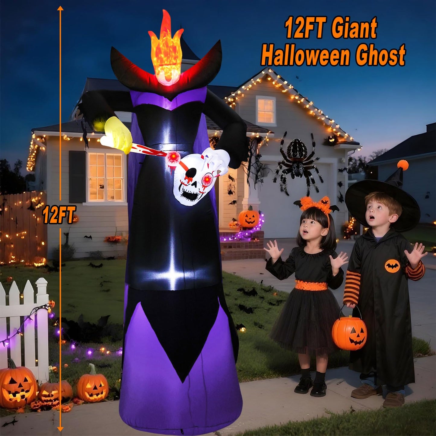 SRKLH 12FT Scary Halloween Inflatables Headless Killer Outdoor Decorations Grim Reaper Holding Skull Dig Out Eyeballs with Flame Light Giant Ghost Blow Up Yard Decoration for Party Garden Lawn Decor