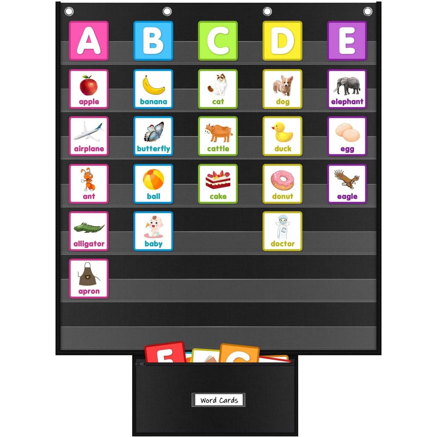 Standard Pocket Chart for Classroom 28"x28" Large 7 Pocket Charts with Card Storage Bag Sentence Strip Holder for Word Wall, Sight Words, Cards, Calendar, Daily Visual Schedule (Black)