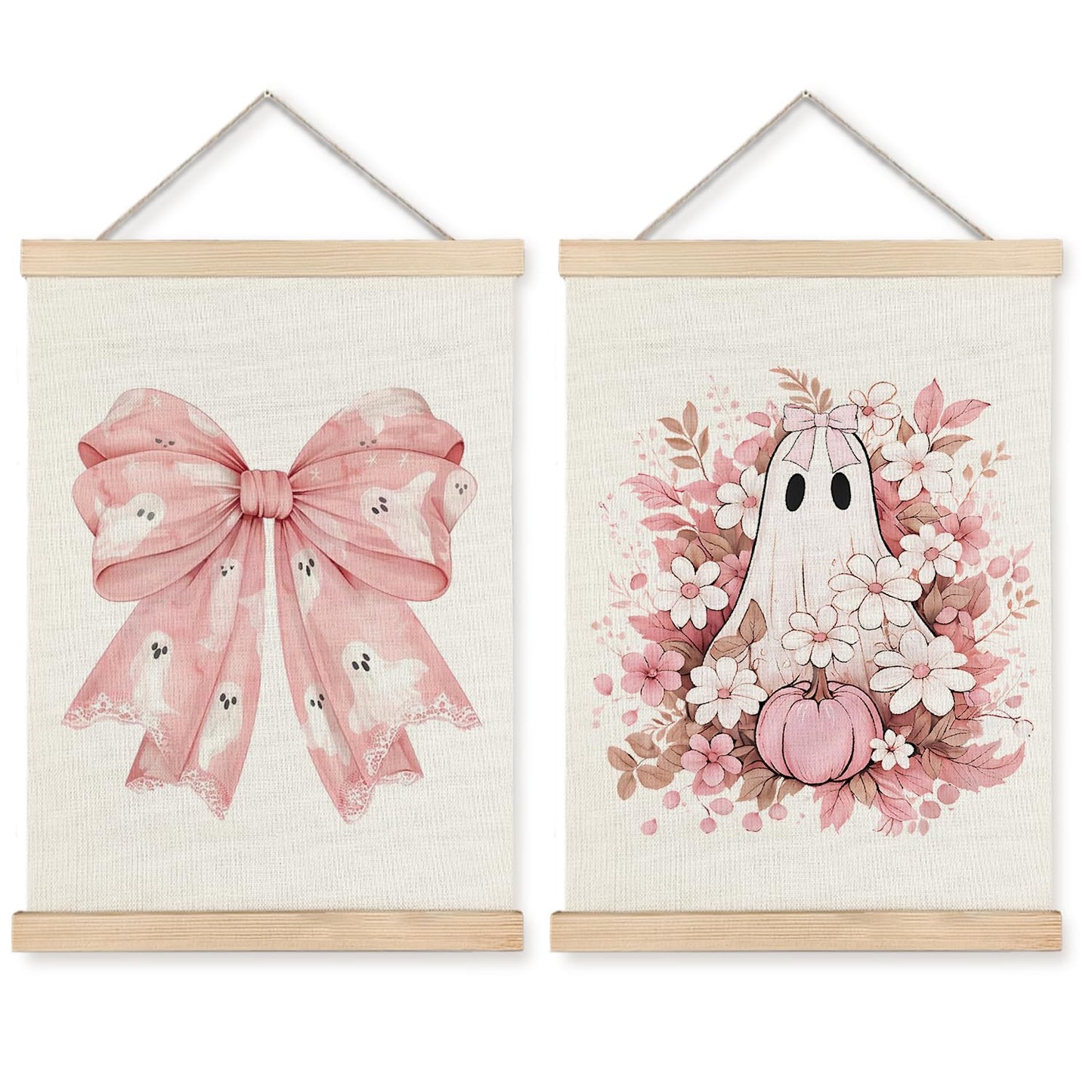 Exqcom Coquette Pink Bow Floral Halloween Ghost Wall Decor Set of 2, Preppy Pink Fall Pumpkin Floral Wall Art Poster, Halloween Ghost Posters for Girly Room Bedroom Dorm Apartment Home, 12x16 Inches