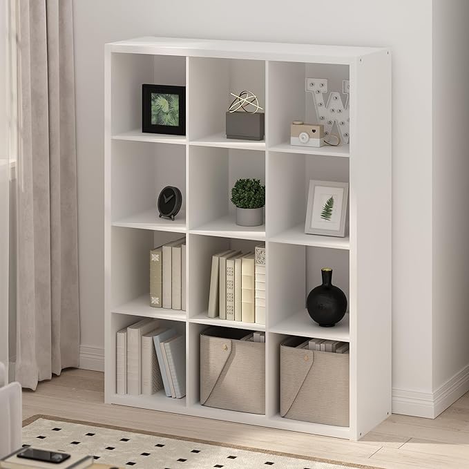 Furinno Simple Cube Storage Organizer, 12-Cube Display Shelf, Open Back