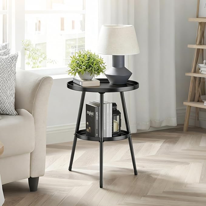 Side Table 2-Tier Small Round End Table Metal Black Accent Table