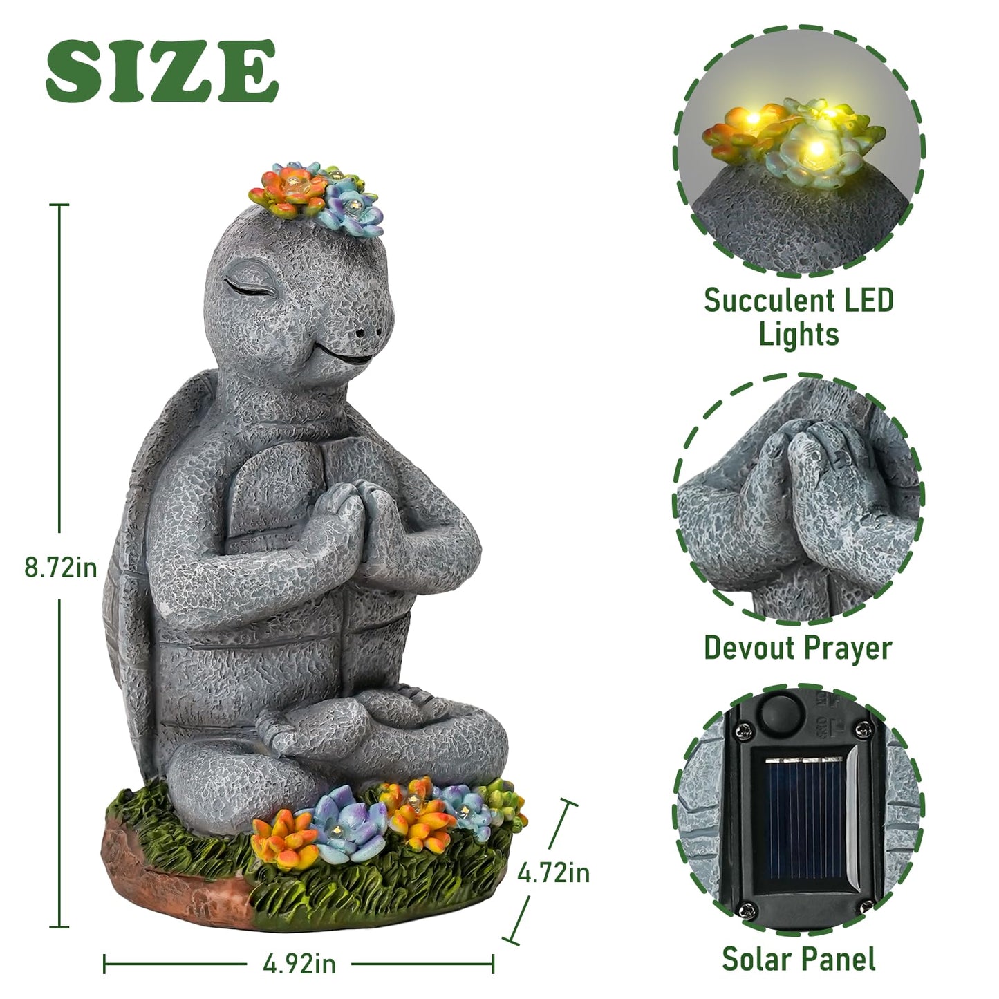 Meditating Turtle Garden Statue with Solar LED Lights - Zen Yoga Turtle Figurine with Succulents, 8.7-Inch Resin Garden Decor, IP65 Waterproof Outdoor Sculpture, Unique Birthday Gifts for Women Mom