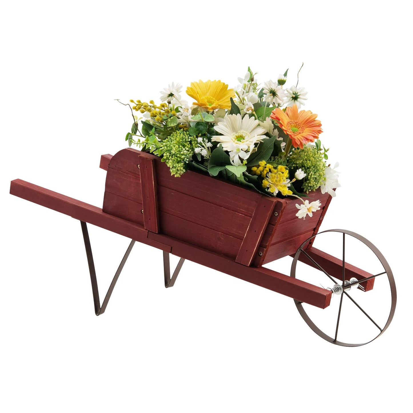 S AFSTAR Wood Wheelbarrow Planter, Flower Plant Pot Wheelbarrow Cart w/Metal Wheel & 9 Replaceable Magnet Accessories, Wooden Wagon Planter Wheelbarrow Decor for Outdoor Garden Backyard (Red)