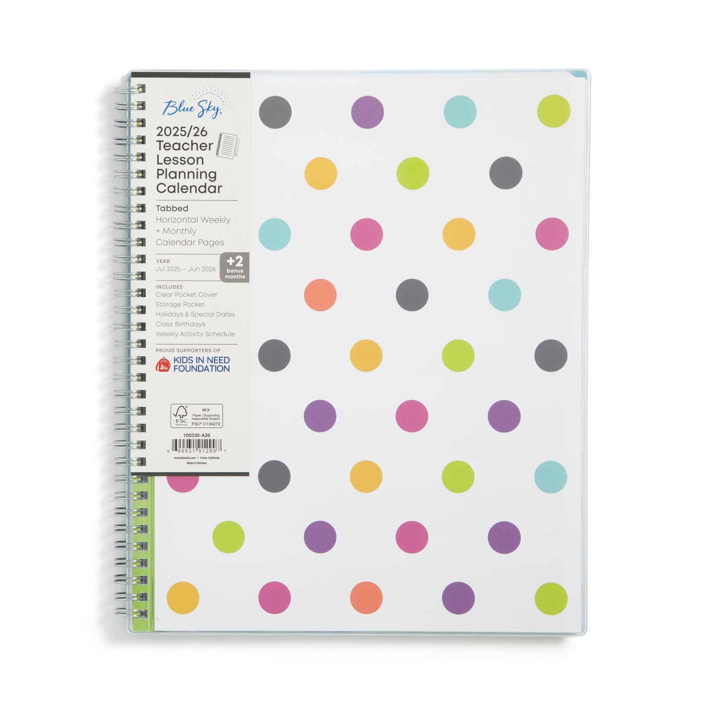 Blue Sky 2025-2026 Weekly and Monthly Academic Year Teacher Lesson Planner Calendar, July 2025 - June 2026, 8.5" x 11", Flexible Cover, Wirebound, Laminated Tabs, Storage Pocket, Dots