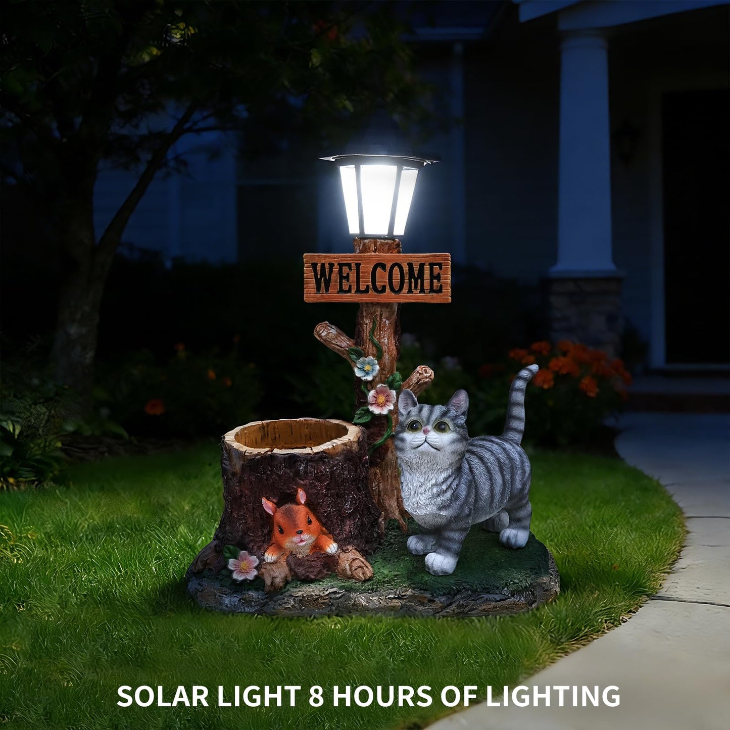 UNOIRNM Cat and Squirrel Garden Statue - with Solar Lantern and Tree Stump Planter, 18.5" Resin Gray Tabby Figurine for Outdoor Patio Decor, 9.3 lbs Animal Sculpture, 14.2" Wide Welcome Ornament