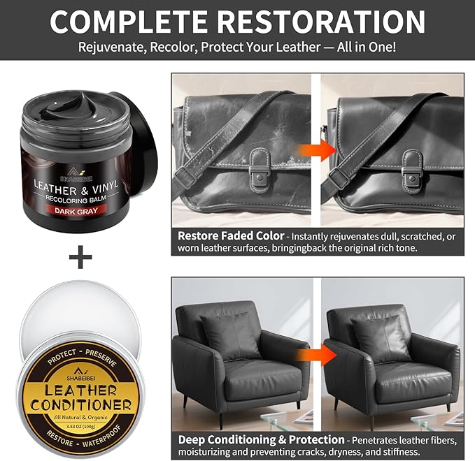 Leather Recoloring Balm with 100ml Mink Oil, Dark Gray Leather Repair Kit and