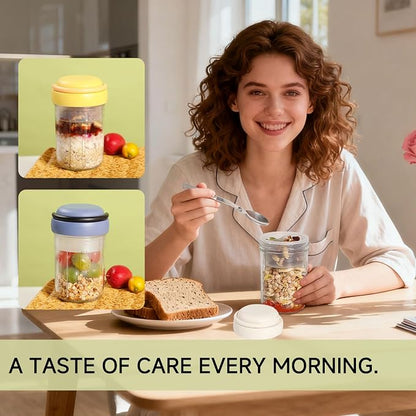 Overnight Oats Containers with Handles & Lids – 16oz Glass Mason Jars with Spoons & Fruit Compartments, Chia Pudding Jars with Lids, 2 Sets (Cream, Blue)