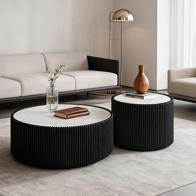29.52" Round Marble Coffee Table, Modern Fluted Coffee Table w/White Sintered