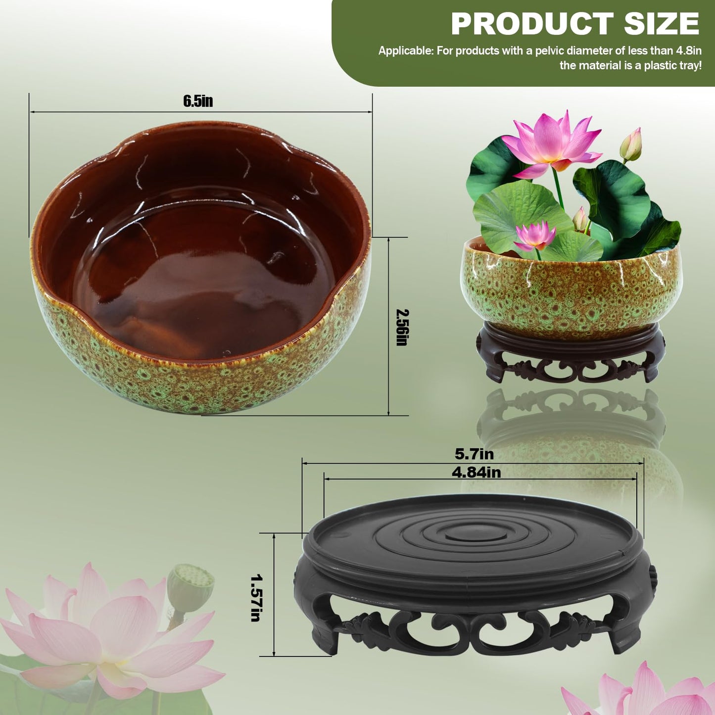 YOSMAKIY Lotus Bowl Planter，Decorative Ceramic Bowl Lotus for Water Plants with Black Stand, Green and Brown Glazed Finish