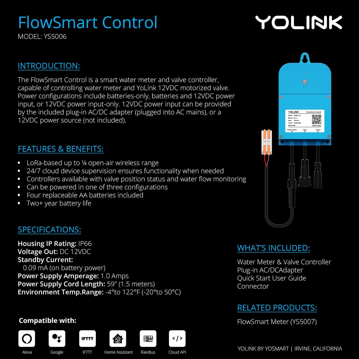 NSF Certified Pulse Meter + Shutoff Valve Kit, 3/4", FlowSmart Controller YS5006 Reads Meter Pulses, Real-Time Usage & Leak Detection, Auto Shutoff (D2D Offline), LoRa Long Range, Hub Included