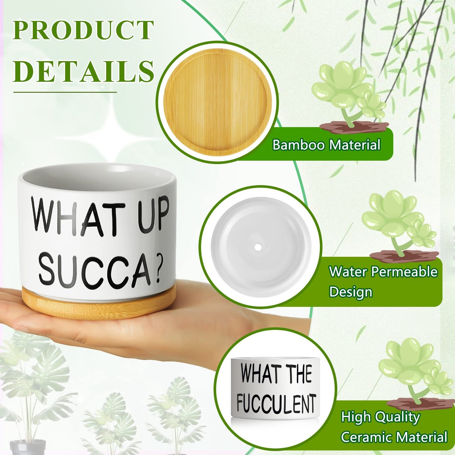 Suclain 6 Set Succulent Flower Cactus Planter Gifts Plant Cactus Flower Ceramic Funny Planter Pots Succulent Planters with Drainage Hole and Bamboo Saucers for Women Men Party Favor