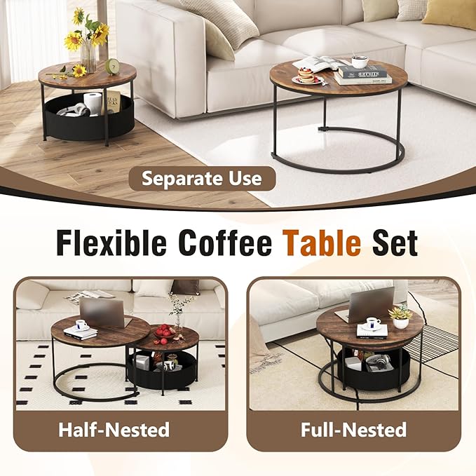 Tangkula Round Nesting Coffee Table Set of 2, Wooden Center End Table