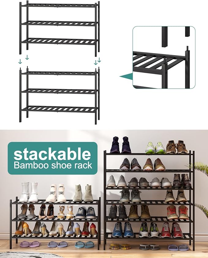 viewcare 3-Tier Long Black Shoe Rack, Bamboo Wood Shoe Rack