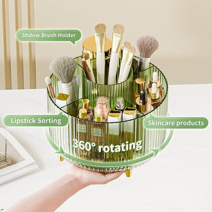 fanado 360° Rotate Makeup Brush Holder Organizer, Makeup Organizers Countertop, Makeup organization and Skincare Storage for Vanity, Desktop, Bathroom (Clear Green)