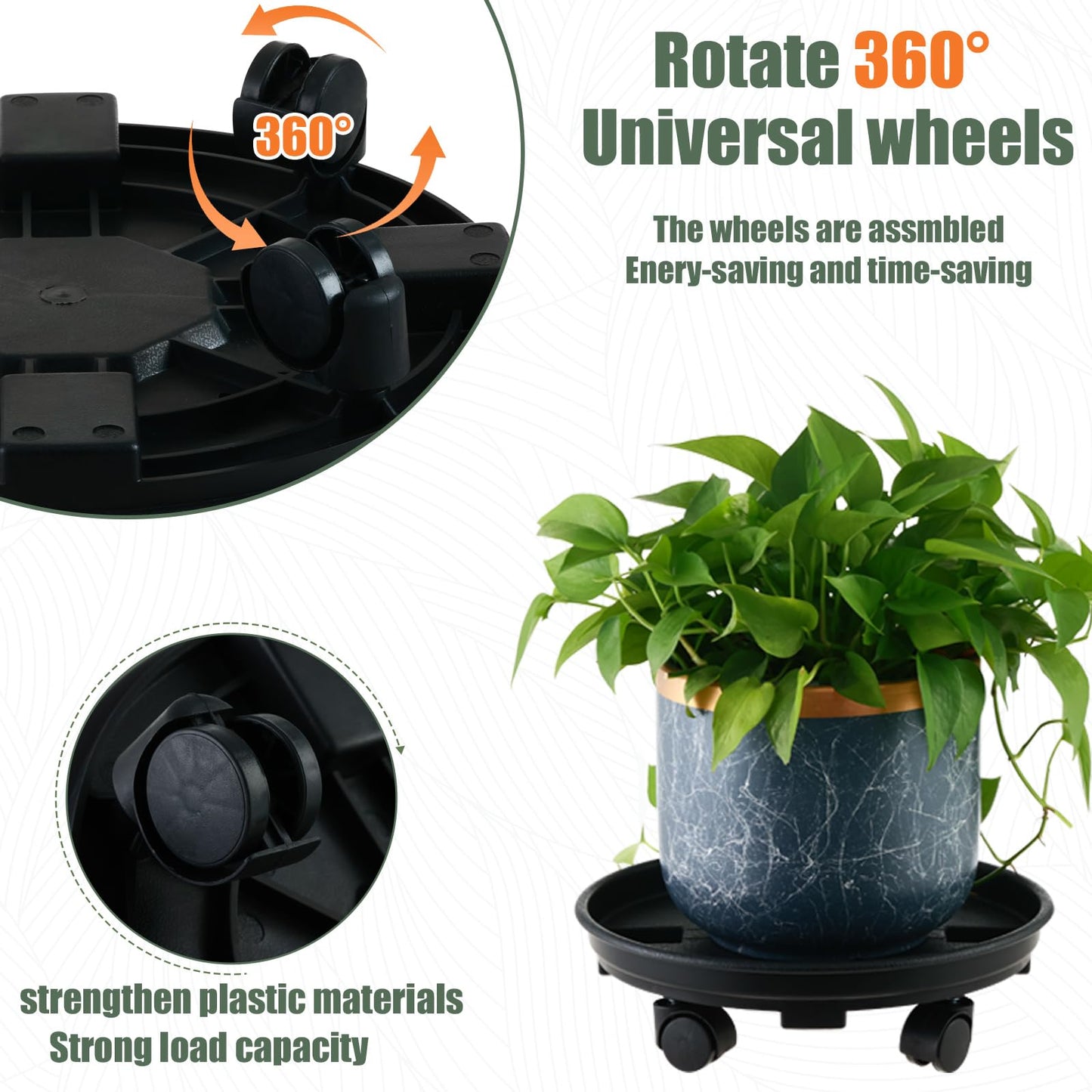 6 Packs 11.8 Inches Large Plant Caddy with Wheels Plant Saucers on Wheels Rolling Plant Stands Heavy-duty Plant Dolly Plastic Planter Roller Base Pot Movers Outdoor Plant Tray Coaster, Black