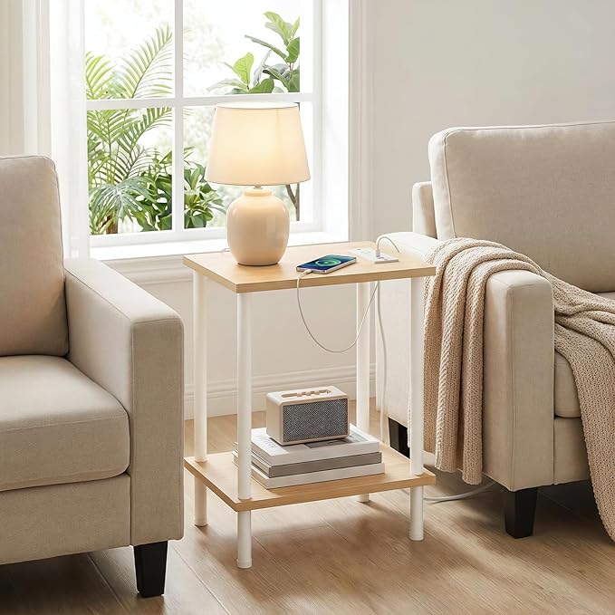 HOOBRO Side Table with Charging Station, Nightstand with 2-Layer Storage Shelves