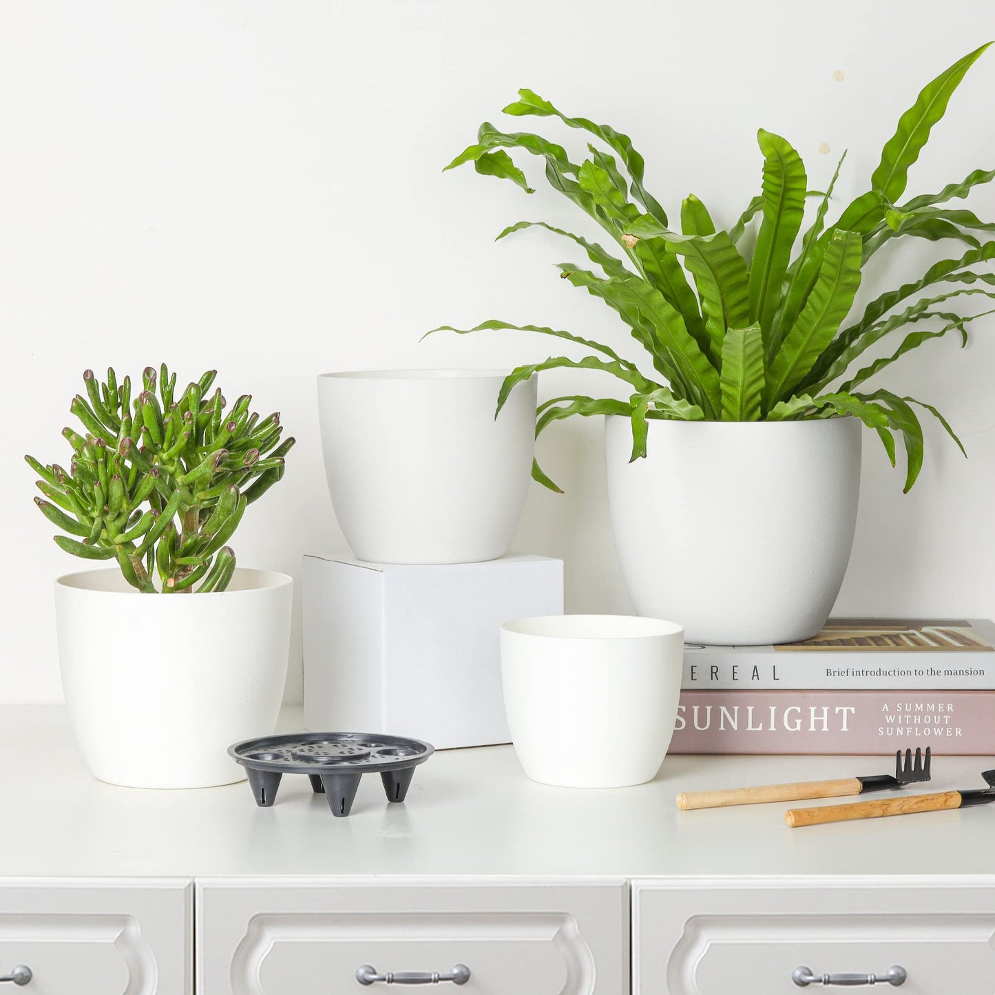 T4U 7 Inch Self Watering Planters Plastic Plant Pot, Modern Decorative Flower Pot/Window Box for All House Plants, Flowers, Herbs, African Violets, Succulents - White, Set of 6