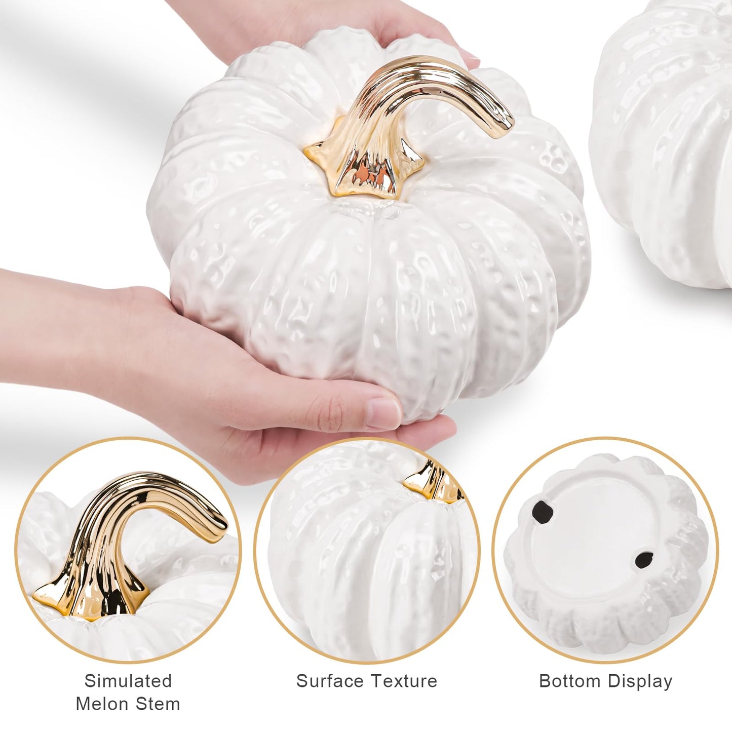 Quancru 7.9 Inch Fake Pumpkin Decorations Ceramic Figurines White Realistic Artificial Pumpkins Model for Outdoor Halloween Fall Harvest Thanksgiving Kitchen Tabletop Centerpiece Crafts - 1 PCS