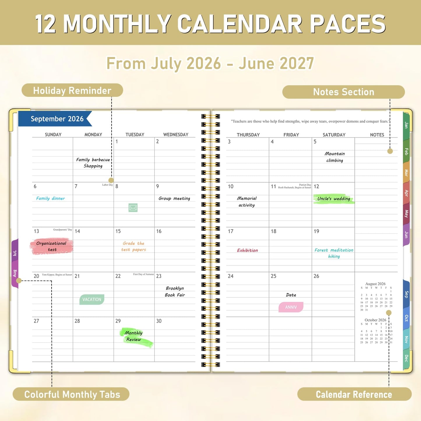 eacher Planner 2026-2027, Jul 2026-Jun 2027 Academic Year, 8.5" x 11" Lesson Planner Book for Teacher Calendar, Spiral Bound Planners, Colorful Monthly Tabs, Planning Stickers, YellowCheckered