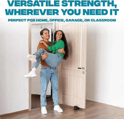 STRONGEST HOME Stoppers for Bottom of Door – Heavy Duty Metal Rubber Door Stopper, Non-Slip Door Stop for Heavy Doors, Works on Wood, Tile & Carpet Floors, Folding Black 4 PC + 4 White Wall Protectors