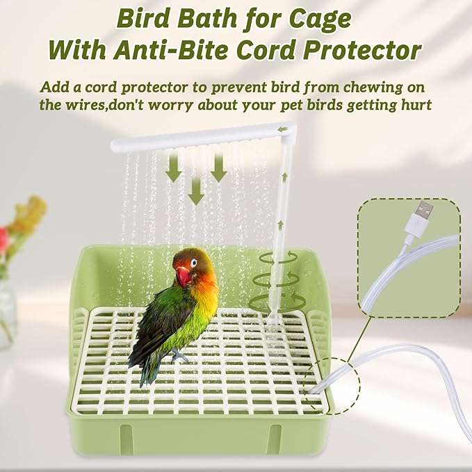 Automatic Bird Bath Fountain with Anti-Bite Cord Protector, Large Parrot Bathtub with Running Water Faucet, USB Electric Bird Shower for Parakeet, Cockatiel, Conure, African Grey, Lovebirds (Green)