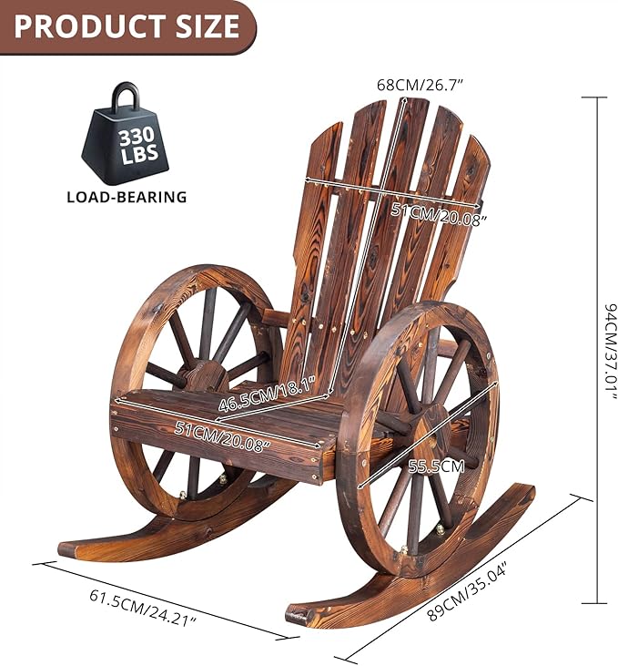 Outvita Adirondack Rocking Chair, Wood Wagon Rocker, Outdoor Wooden Carbonized
