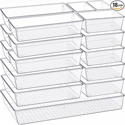 Criusia Drawer Organizer, 18 Pack Large Clear Plastic Kitchen Drawer Organizers Set, 6 Size Versatile Bathroom and Vanity Drawer Organizer Trays, Storage Bins for Makeup, Bedroom, Kitchen Utensils