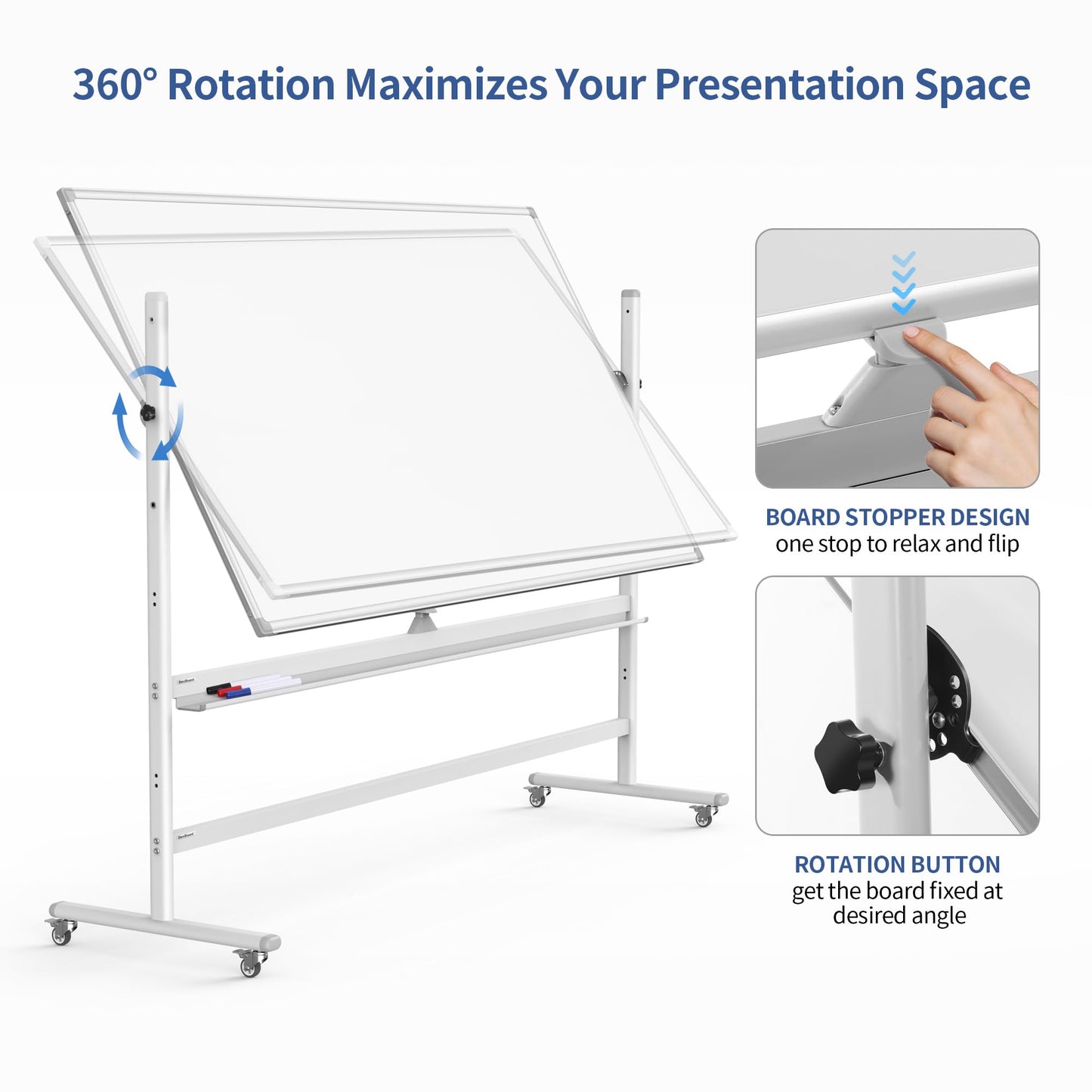 DexBoard Large Double Sided Whiteboard 72x40 inches on Wheels, Height Adjustable Mobile Magnetic Dry Erase Board with Rolling Stand for Office Meetings, Classroom Teaching, Home, Silver Frame