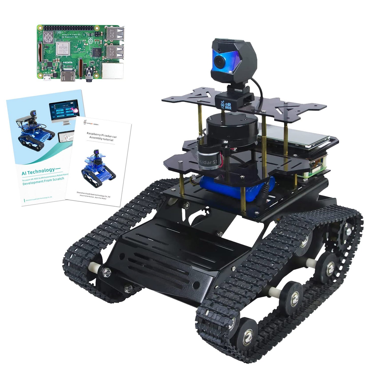 XiaoR Geek Raspberry Pi Smart AI Robot Car Kit, ROS SLAM Tank Car with LIDAR Mapping Navigation, Hd Camera, 3.5 inch Touch Display Programming Project for Adults(Black with Raspberry Pi)