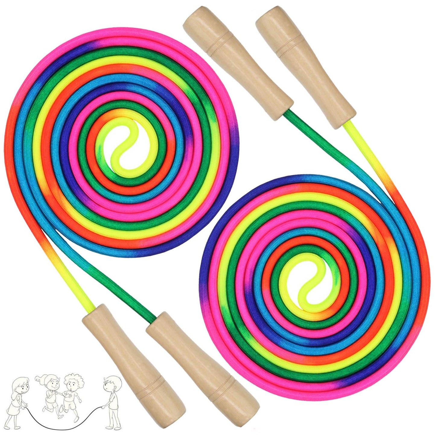 Double Dutch Jump Rope 16 ft 2 Pack, Adjustable Long Skipping Rope with Wooden Handle, Multiplayer Team Jumping Rope for Kids Adults, Long Enough for 5-6 Jumpers