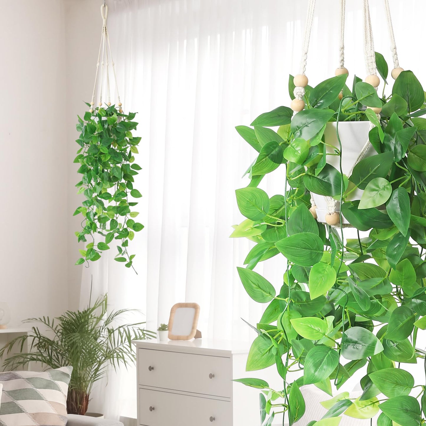 KTGOW Artificial Hanging Plants with Boho Macrame Plant Hanger - Fake Ivy Vines in Pot for Wall, Bedroom Home Faux Greenery for Indoor Outdoor Decor (1 Pack)