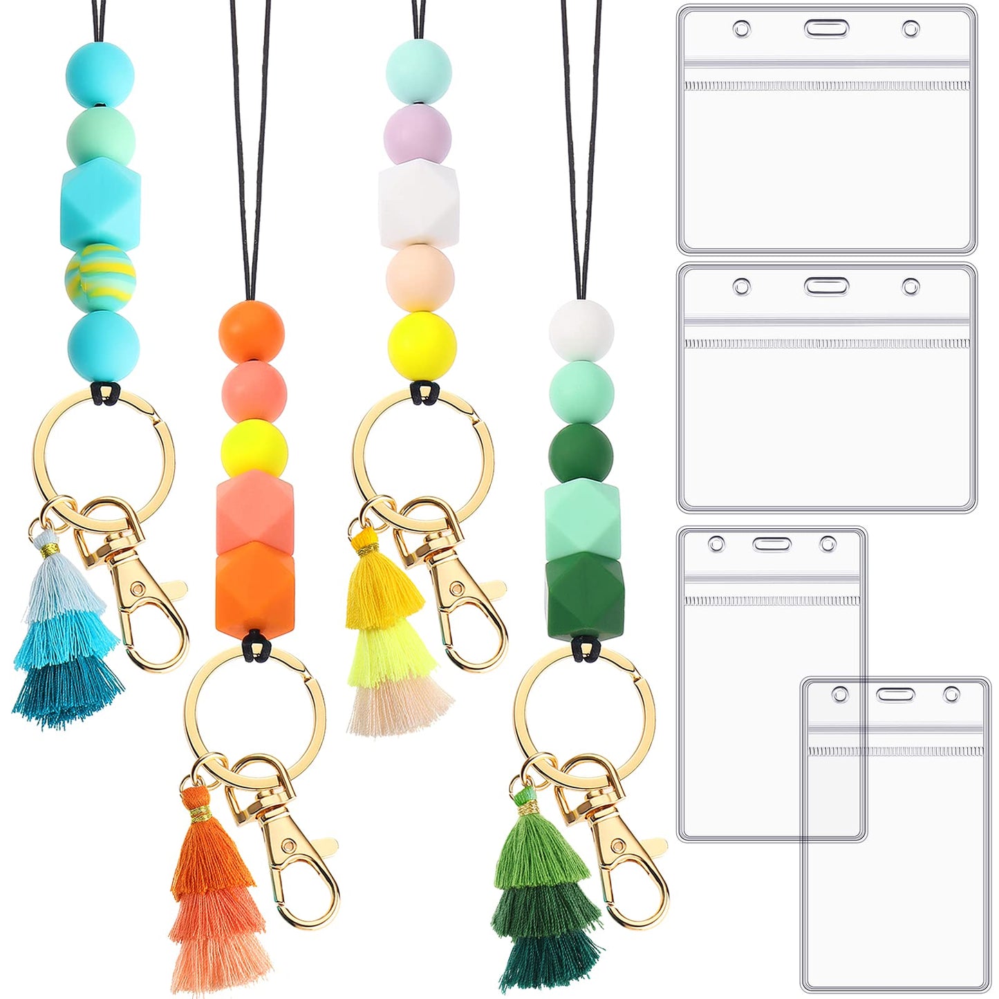 Outus 4 Pcs Teacher Lanyards with Badge Holders, Beaded ID Holder Lanyard for Teachers, Classroom Essentials for Teachers, Back to School Teacher Supplies, Staff Badge Key Holder