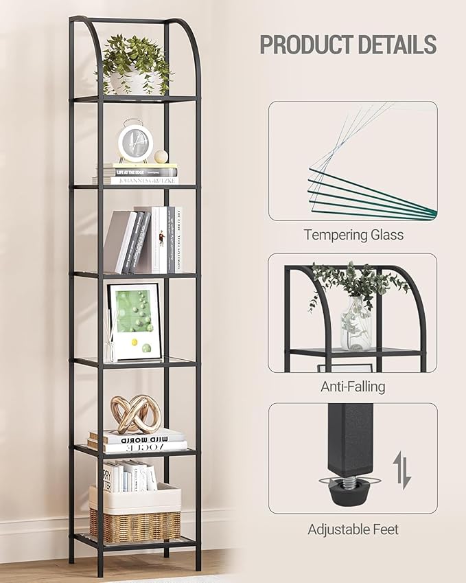 Hzuaneri Bookcase Bookshelf, Tempered Glass Arched Bookshelf