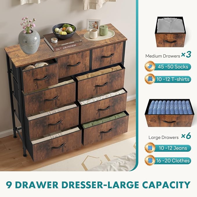 OLIXIS Dresser for Bedroom, 9 Storage Drawers, Wide Fabric Closet Chests