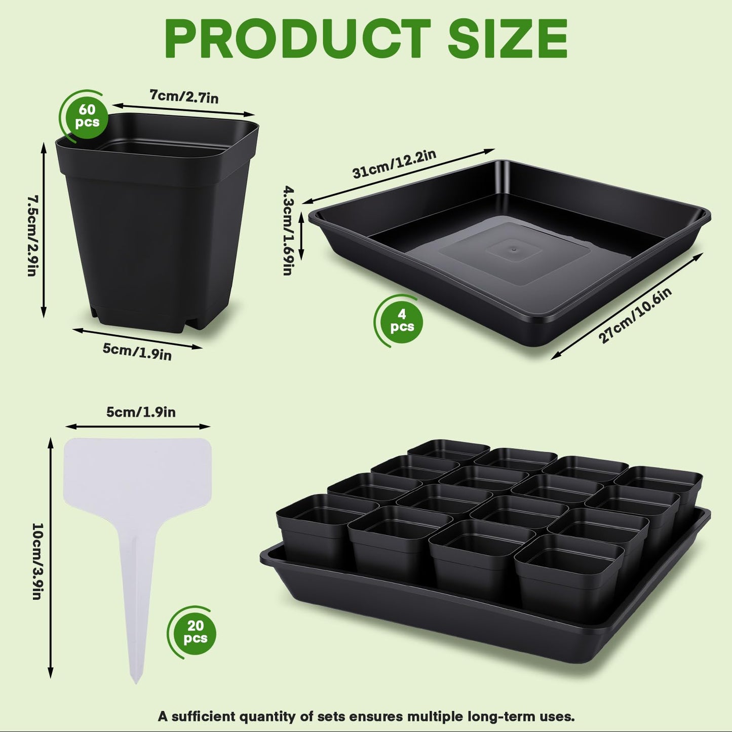 GREANER 4PCS Seed Starting Trays 12 Inch, 60PCS 2.7 Inch Sturdy Seedling Pots with Drain Holes and 20PCS Plant Labels for Indoor&Outdoor Use