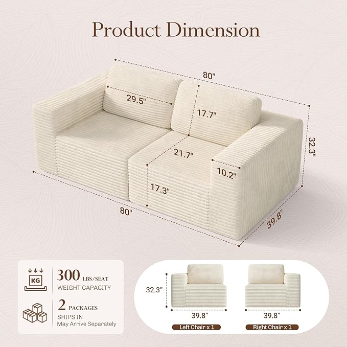 Vesgantti 80" Modular Sectional Sofa, Corduroy Cloud Couch