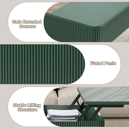 HLR 47" Dual Lift Top Coffee Table with Storage, Modern Wood Fluted Coffee Table with Hidden Compartment,Lift Tabletop Dining Center Table for Living Room, Office (Green)