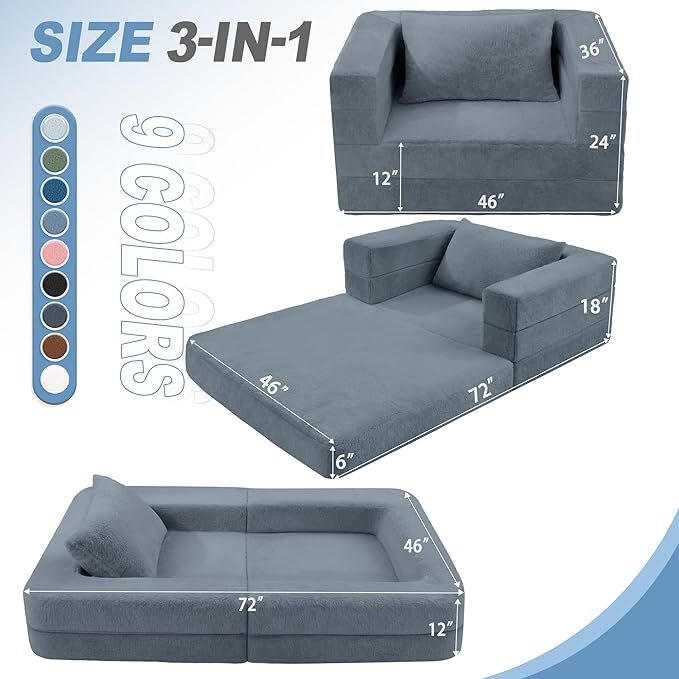 Futon Sofa Bed with Pillow, 3-in-1 Sleeper Sofa Bed with Removable Cover