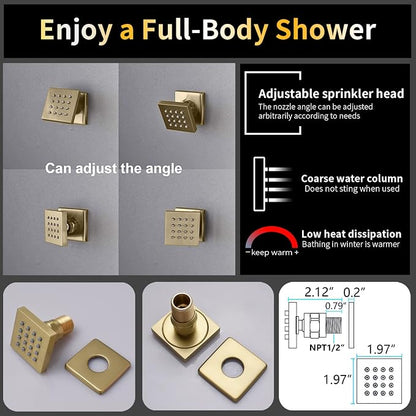 AYIVG Brushed Gold 4 Function Dual Shower Heads System Multi Functions 16 X 26 Inch Rainfall and 8 Inch Wall Mount with 6 Jets Full Body Shower System Set with Handheld shower head