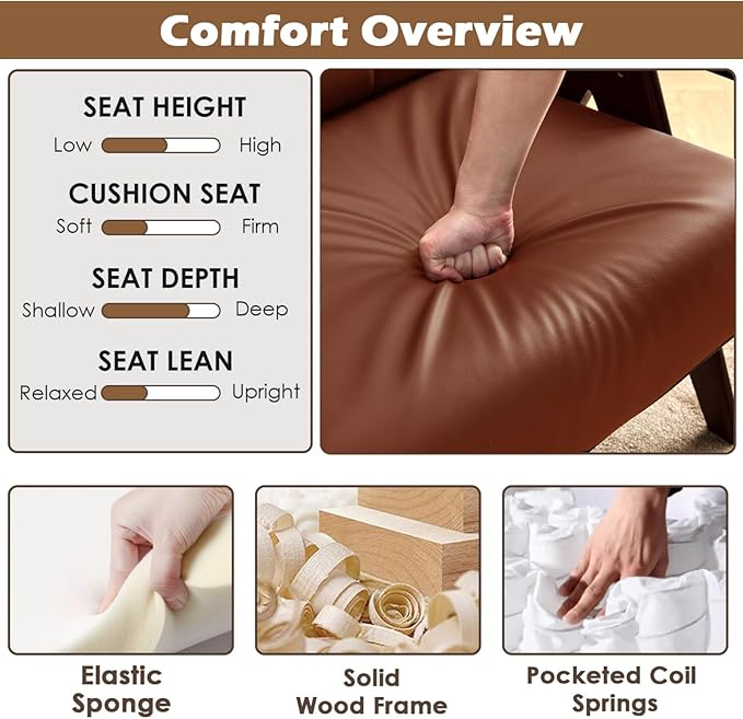 STHOUYN Brown Leather Accent Chairs, Mid Century Modern Chair, Side Arm Chairs