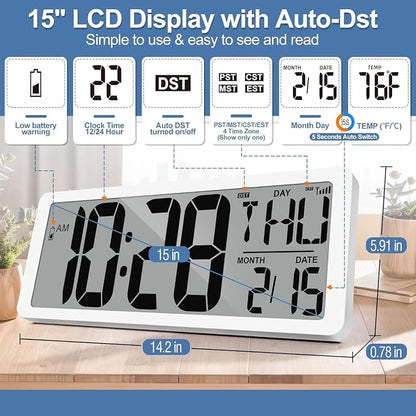 Atomic Clock with Backlight 15.0" Digital Wall Clock Battery Operated Atomic Wall Clock Digital Alarm Clock with Day Date & Temperature for Wall Office Bedroom Living Room