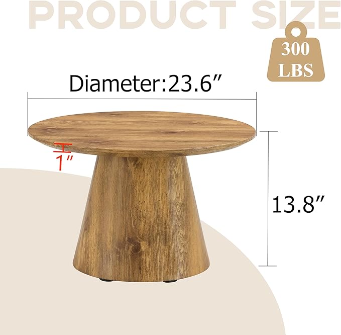Round Coffee Table 24 in, Modern Wood Grain Living Room Table