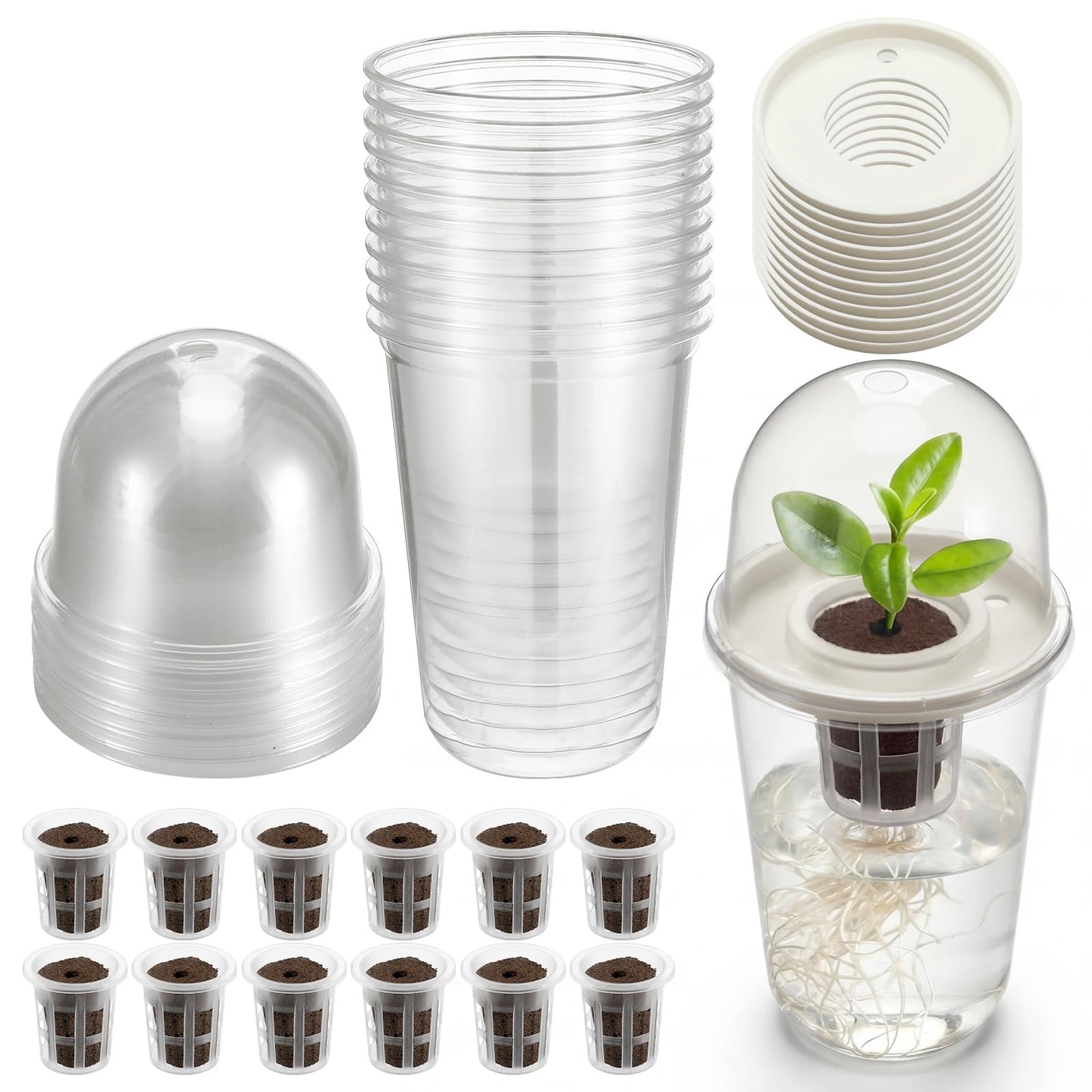 RimCereal 12 Pack 3.54 in Clear Hydroponic Nursery Kit with Humidity Dome Transparent Plant Starter Hydroponic Pots for Seed Starting Gardening Flower Plant Pots Germination Nursery Pot