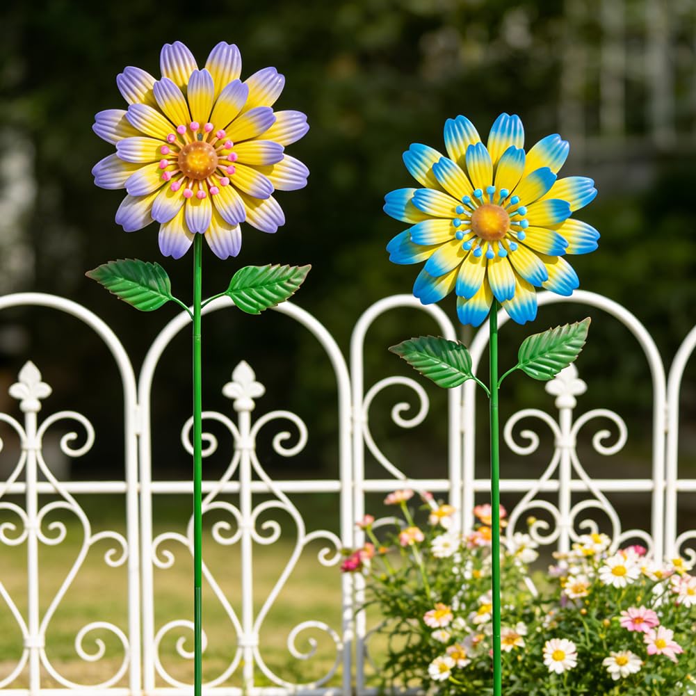 Venniy Metal Flower Decorative Garden Stakes,2 Pack Spring Outdoor Decor Large Metal Yard Art for Flower Bed Yard Lawn Decor