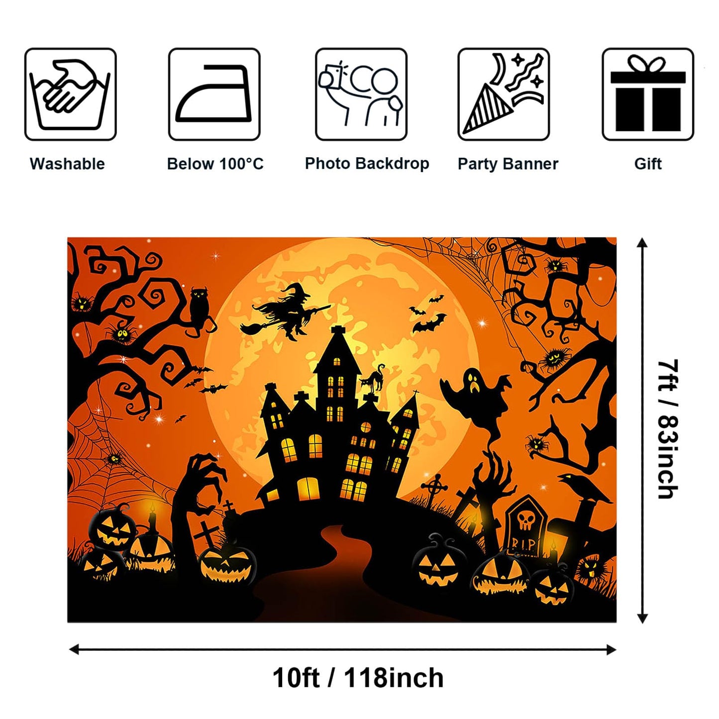 Avezano Halloween Backdrop - Horror Moon Night Backdrop for Parties - Haunted Castle, Scary Pumpkin Lantern, Witch, Full Moon - Photography Background, Orange, 10x7ft