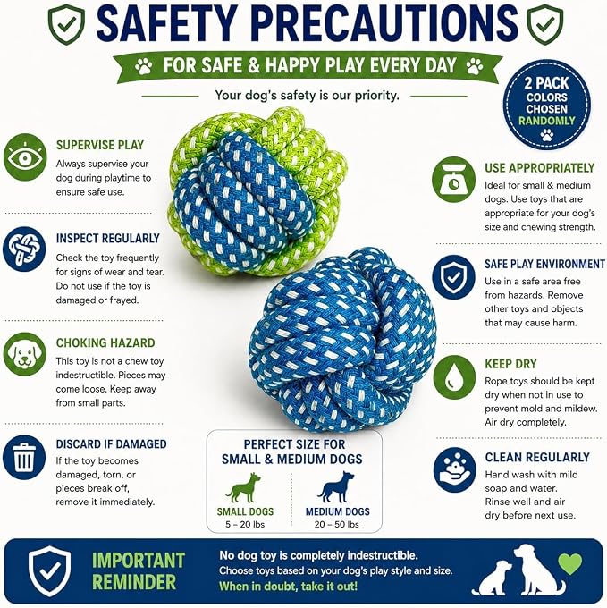 Cotton Rope Dog Ball Toy – Durable Braided Chew & Fetch Ball for Small to Medium Dogs – Natural Teeth Cleaning, Random Colors (Random Blue)