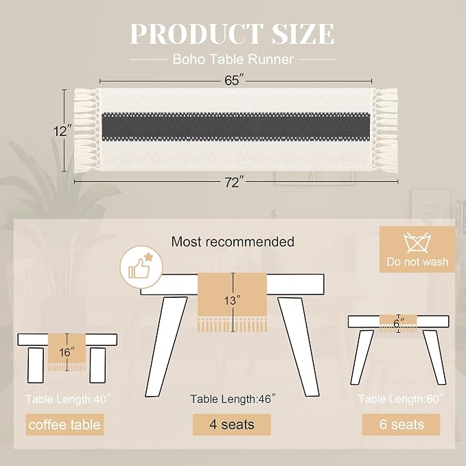 FEXIA Boho Table Runner for Summer Home Decor with Tassels 72 Inches Long Farmhouse Grey Rustic Burlap Table Runner Macrame Table Decoration for Kitchen Bedroom Living Room (12x72 Inches)