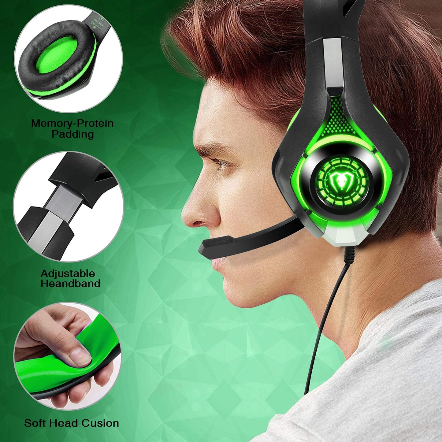 BlueFire Stereo Gaming Headset for PlayStation 4 PS4 PS5, Over-Ear Headphones with Mic and LED Lights for Xbox One, PC, Laptop(Green)